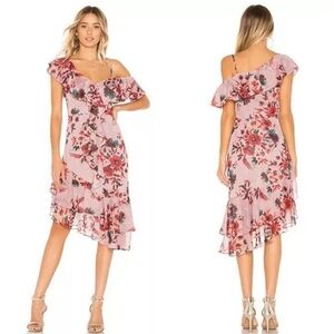 Lovers + Friends Stacy Floral Ruffle Midi Dress Metallic Off Shoulder Pink Sz S